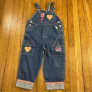 Vintage Little Girls Blue Denim Jean Overalls Embroidered Patch Heart 4T 90s y2k